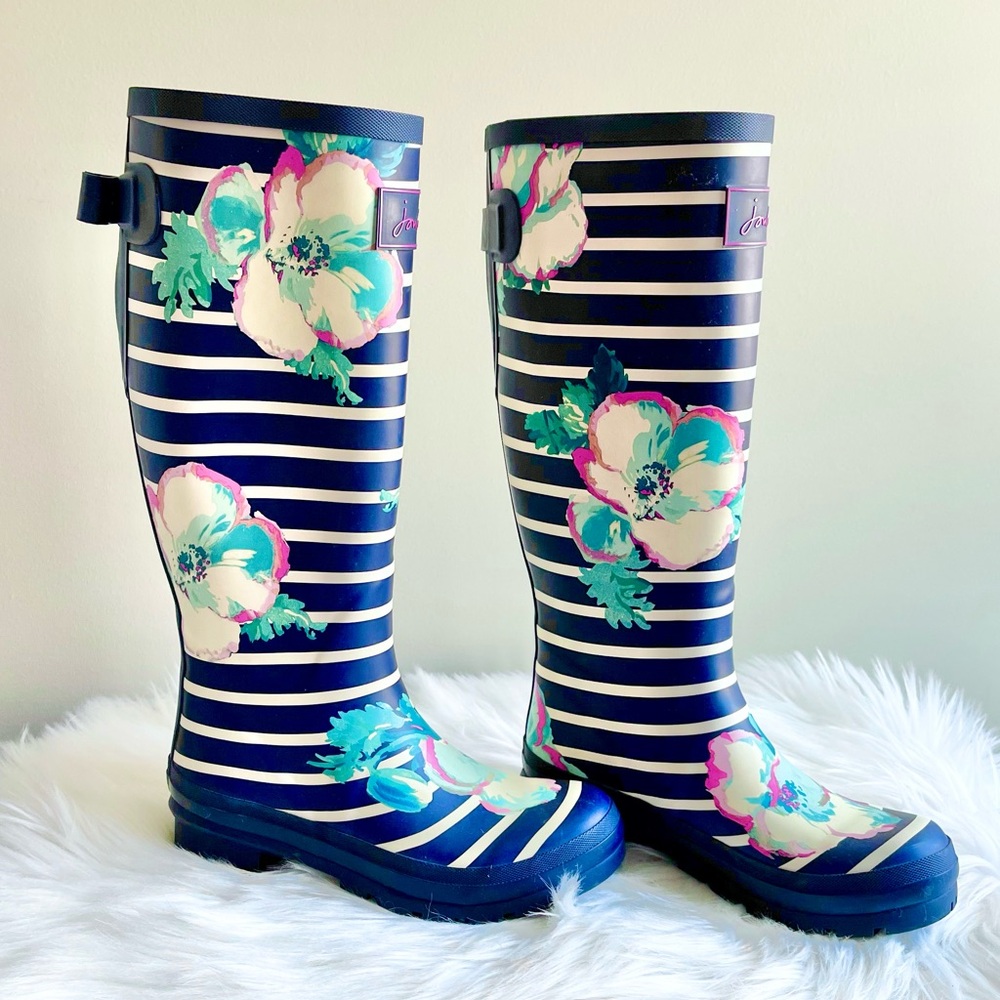 Joules Tall Welly Knee High Rain Boots - Navy Floral Stripe